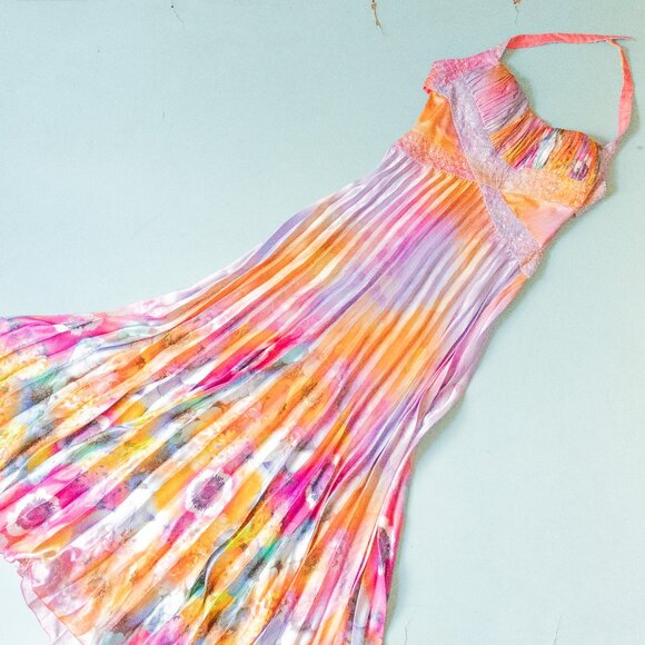 NV Couture Y2K Rainbow Pleated Halter Neck Beaded Sweetheart Formal Dress Size 8